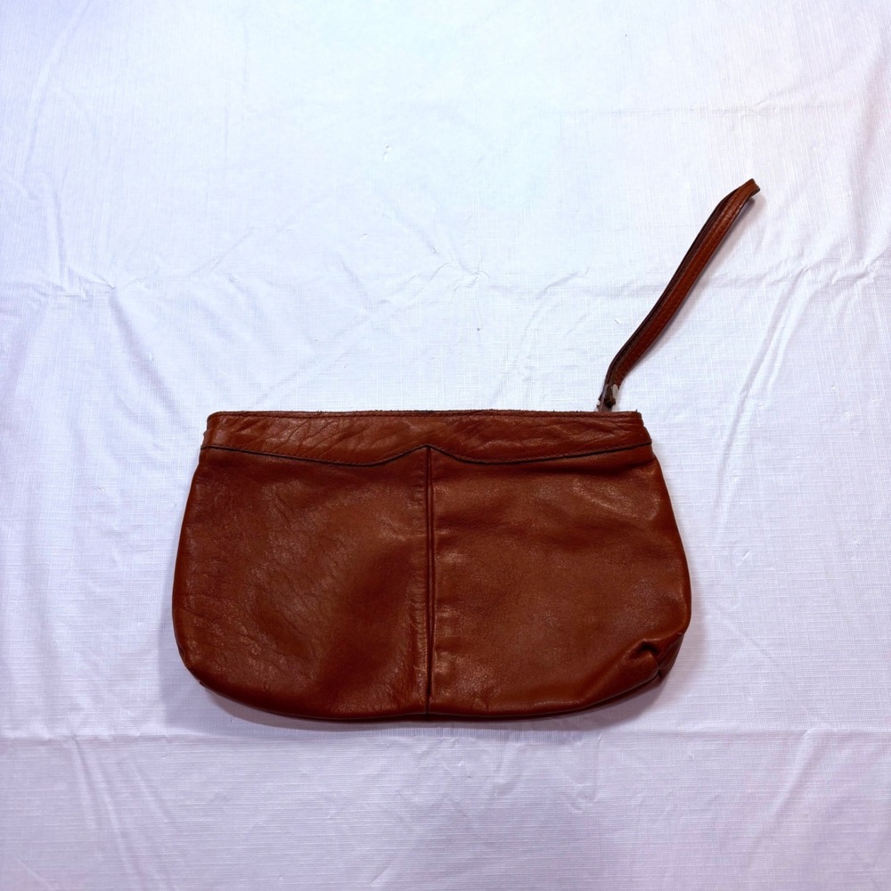 Vintage Brown Leather Wristlet Clutch‎ Bag Zippered Pouch Pebbled Texture